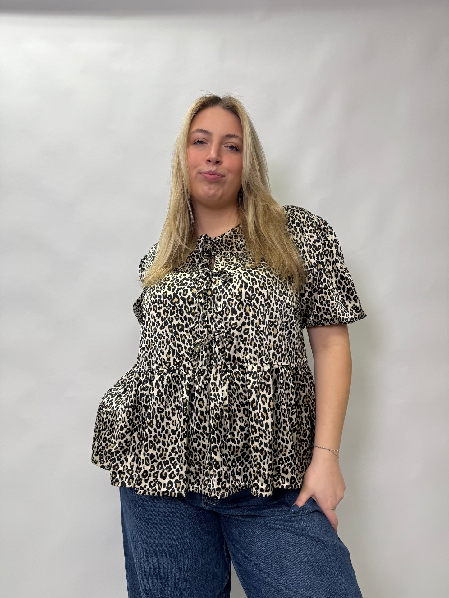 Cheetah Peplum Tie-Front Top