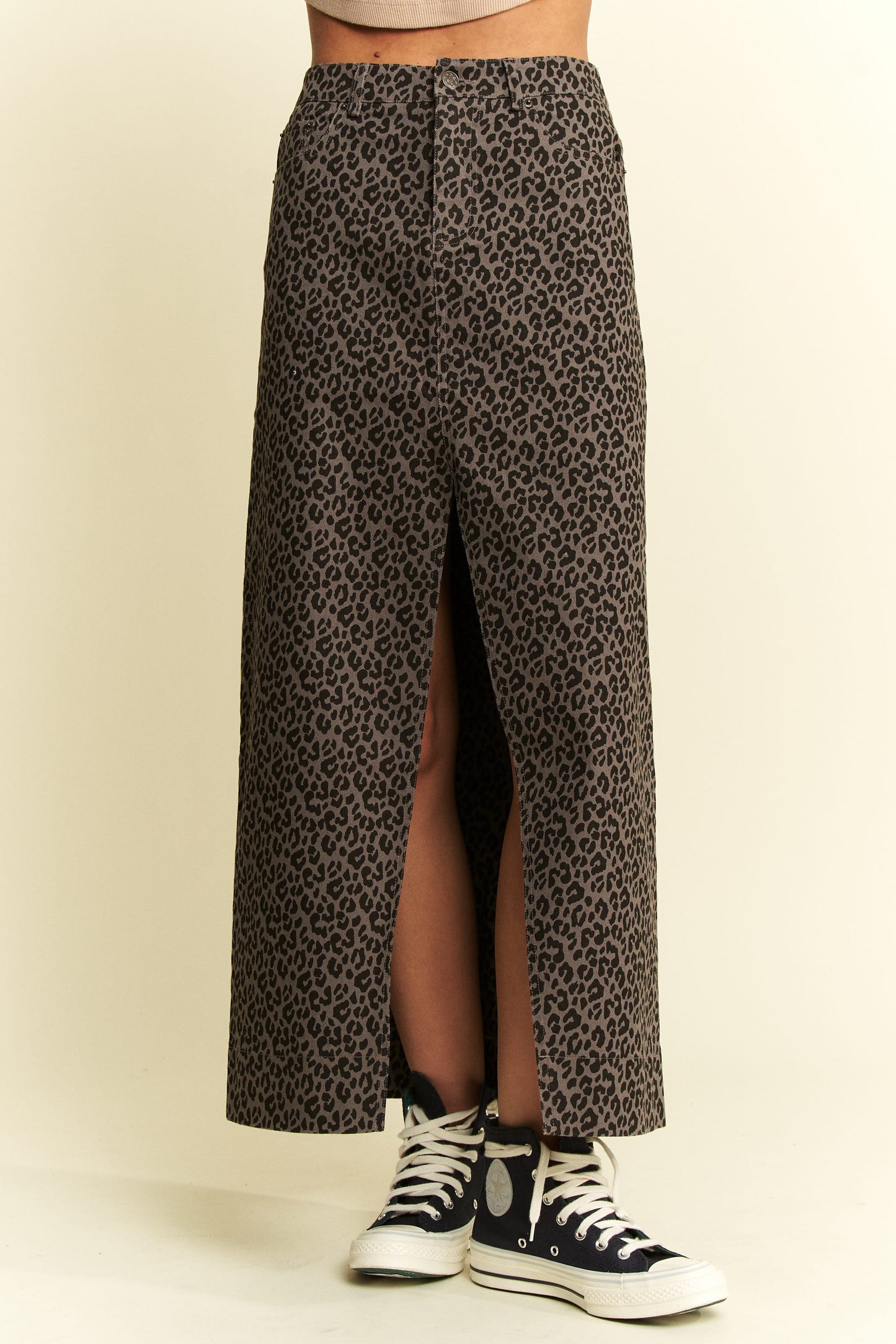 Leapord Denim Skirt with Slit