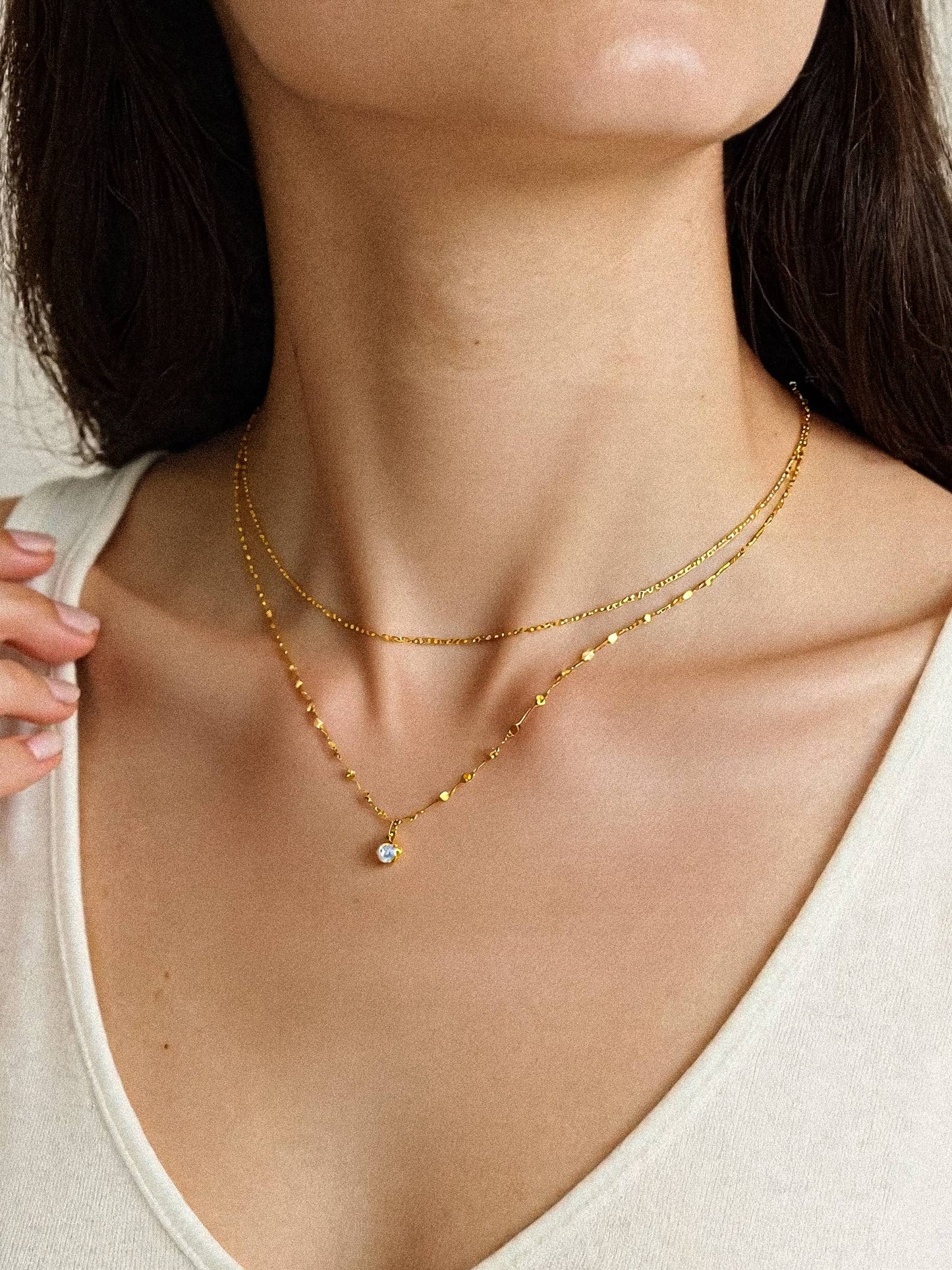 Cerise 18K Gold Non-Tarnish CZ Stone Stacked Necklace