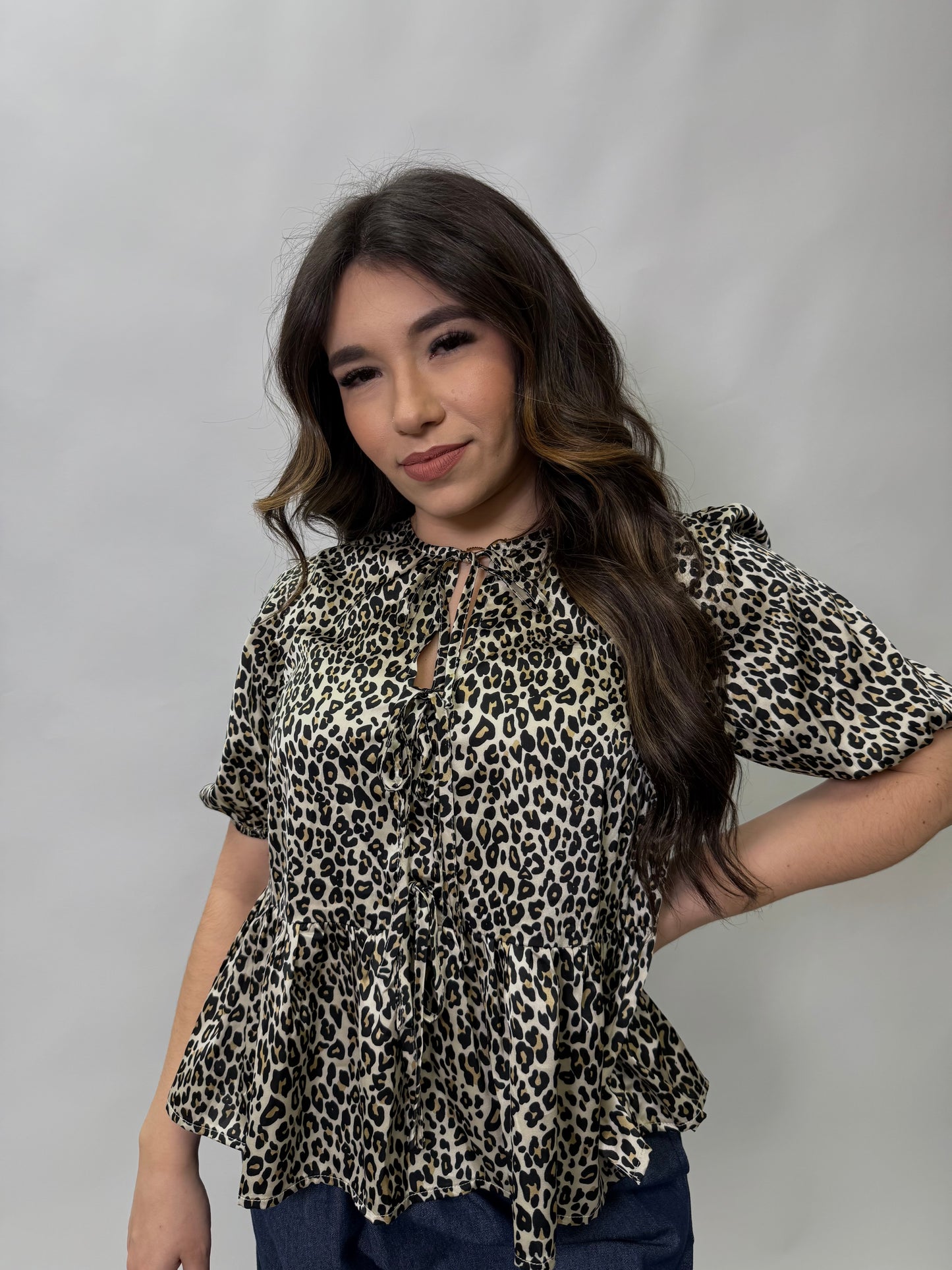 Cheetah Peplum Tie-Front Top