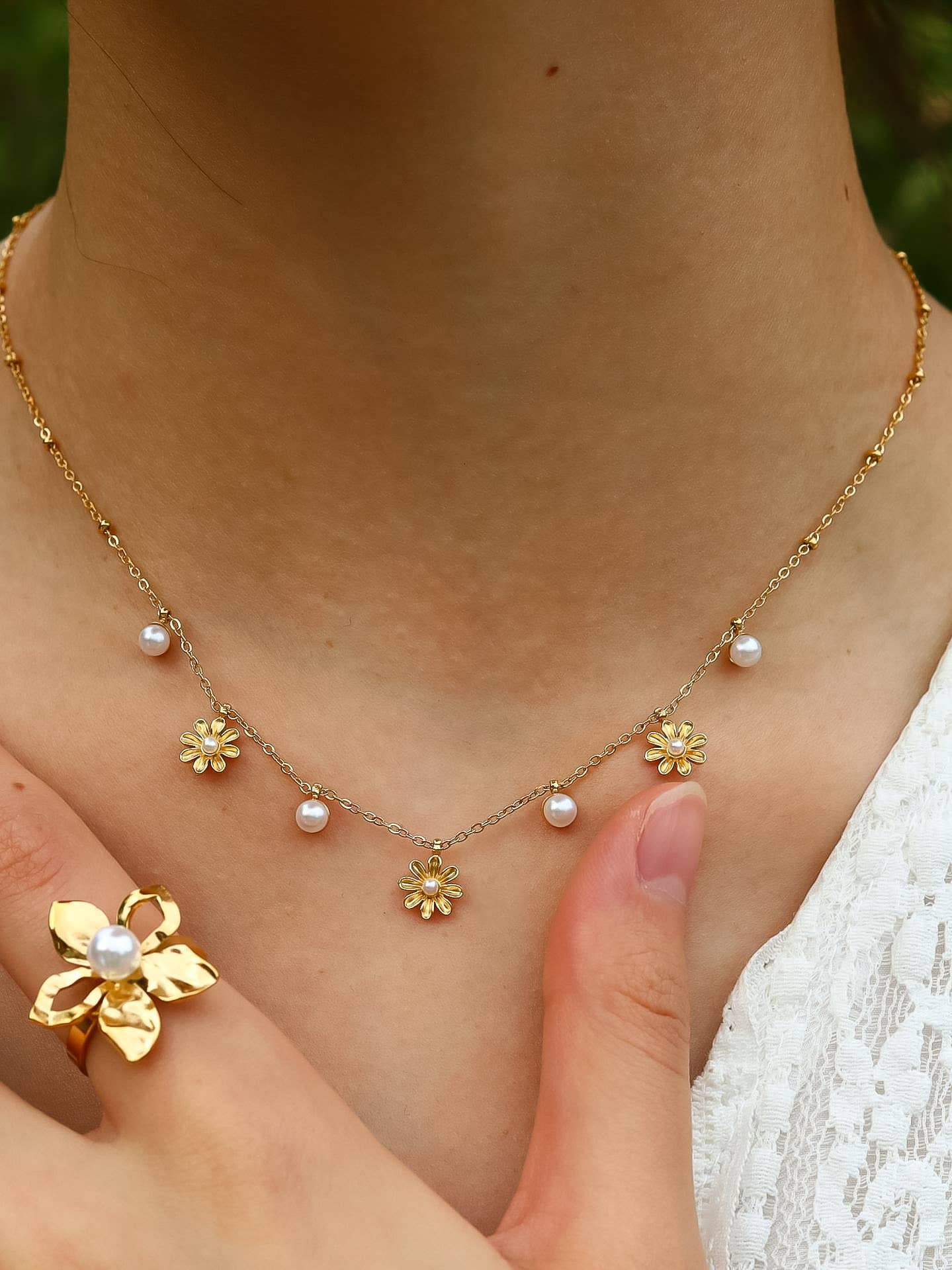 Alita 18K Non-Tarnish Petite Floral Pearl Necklace