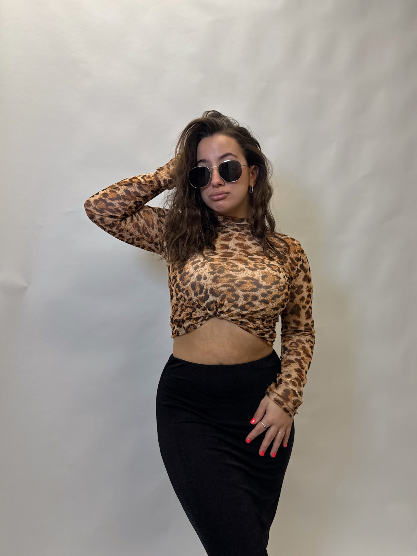 Leopard Mesh Mock Neck Top