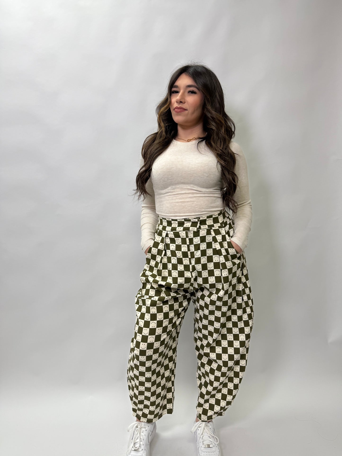 Smiley Checkered Barrel Pants