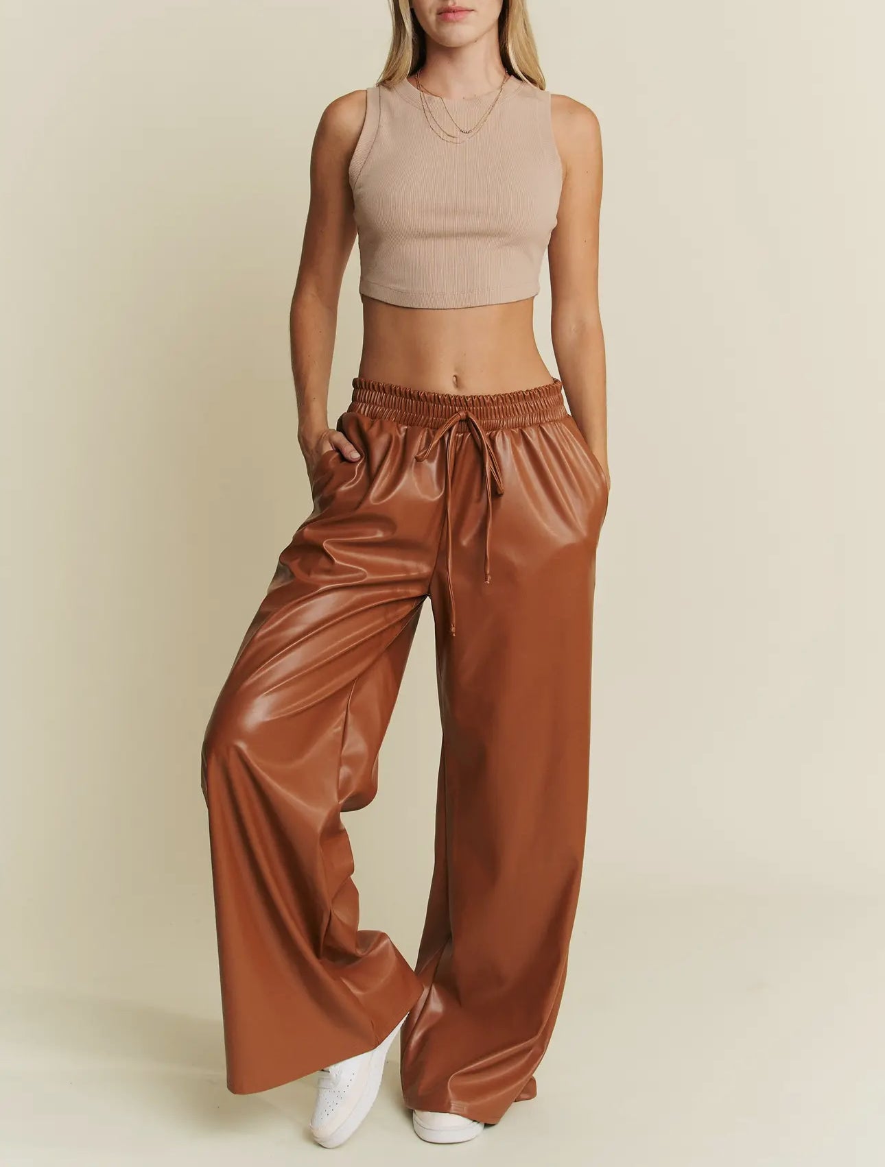 Drawstring Leather Wide Leg Pants