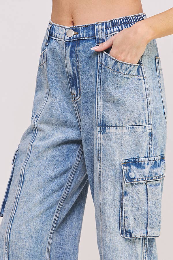 High Waist Baggy Denim Cargo Trousers