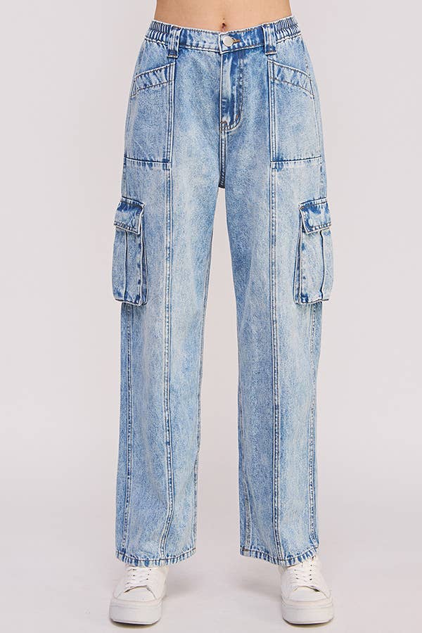 High Waist Baggy Denim Cargo Trousers